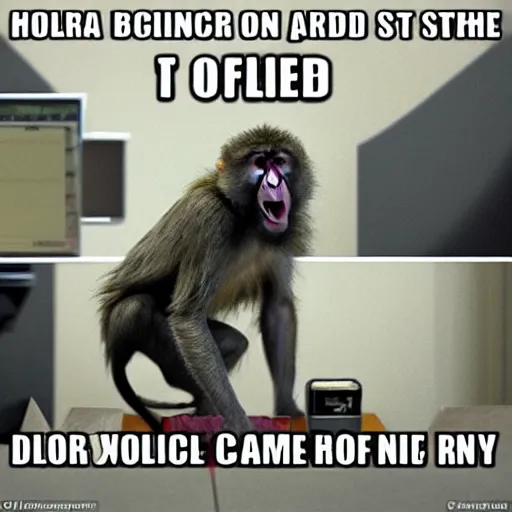 Image similar to a baboon angrily shouting at his computer screen because he got wrecked at call of duty in the office