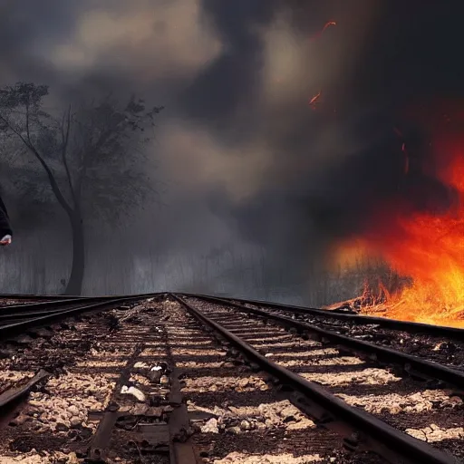 Image similar to a person at a trainwreck, devastation on the railroad, atmospheric smoke and fog, fire and flames, post-apocalyptic, Cinematic horror, high detail, 4k