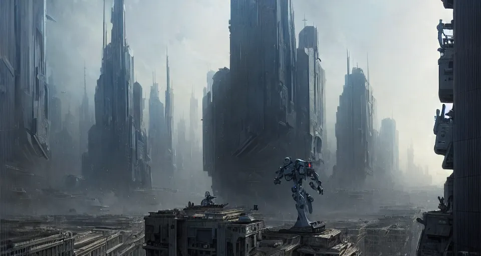 Image similar to hyper realistic sci - fi matte concept art painting of mecha standing on top of a building overlooking war in the streets, beautiful details, strong composition painted by kim jung guweta studio rutkowski, james gurney and greg rutkowski, and lucasfilm, smooth, intricate, detailed, sharp focus, cinematic