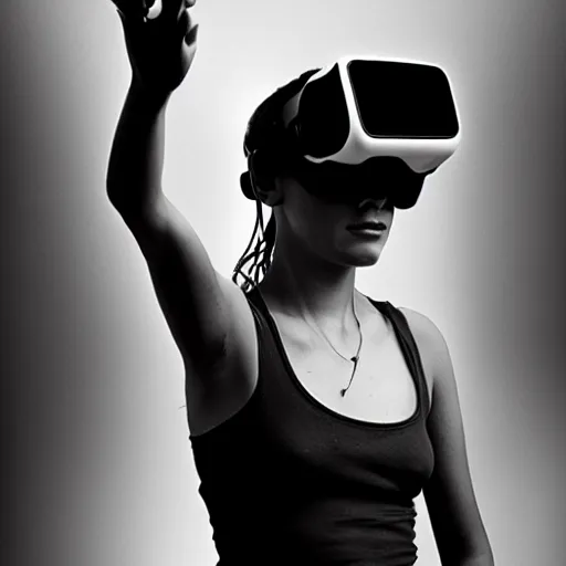 Prompt: portrait of a cyberpunk girl wearing vr headset, black & white photo by annie leibovitz