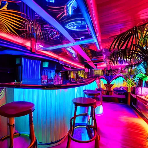 Image similar to architectural digest photo, inside dark and moody crowded futuristic neon tiki bar inside a yacht, tropical plants, blue lighting with small pastel orange and pink accent lights, crowd of cool people dancing