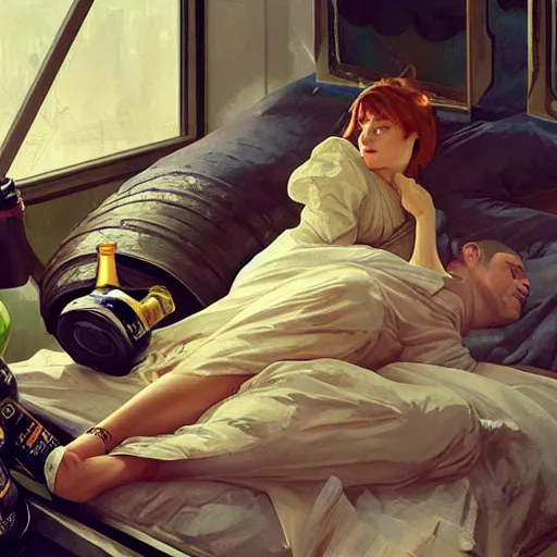 Image similar to young man in tinfoil hat and a girl sleeping in bed close to guinness bottles highly detailed, digital painting, artstation, concept art, smooth, sharp focus, illustration, art by artgerm and greg rutkowski and alphonse mucha