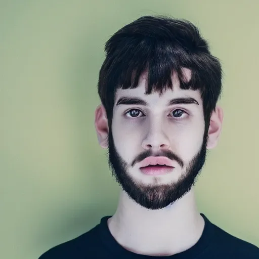 Image similar to The face of a white, black-haired teenager with a half beard on only one side of his face, looking at the camera, under white and yelllow balls, profile picture.