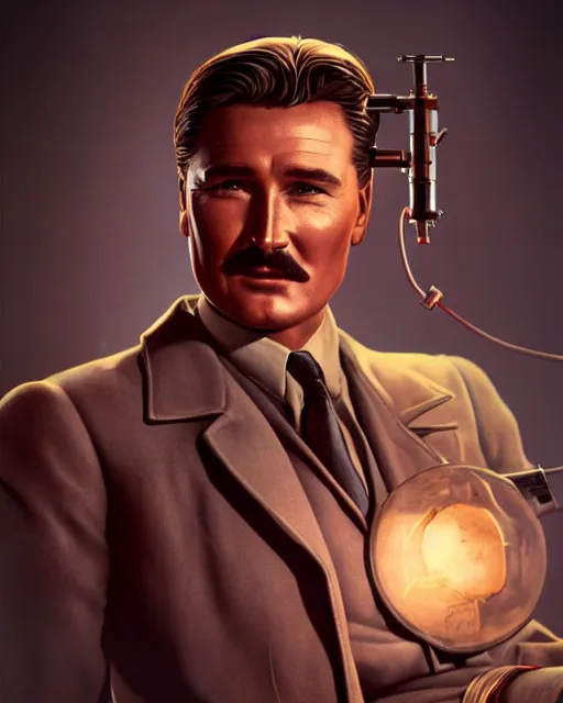 Image similar to Errol Flynn as a scientist. 1980s dystopian Soviet Russia, propaganda screens. Unreal engine, fantasy art by Satine Zillah. Faithfully depicted facial expression, perfect anatomy global illumination, radiant light, detailed and intricate environment