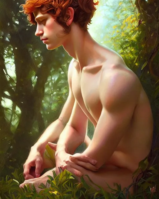 Image similar to stylized portrait of an artistic pose, composition, young faun surrounded by nature, realistic shaded, fine details, realistic shaded lighting poster by ilya kuvshinov, magali villeneuve, artgerm, jeremy lipkin and michael garmash and rob rey