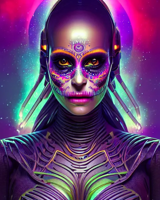 Prompt: ultra detailed beautiful female android, sharp focus, sci - fi, fantasy art, highly detailed vfx portrait, geometric polygons, global illumination, detailed and intricate environment by moebius, james jean, liam brazier, victo ngai and tristan eaton and wlop, digital illustration, dia de los muertos. 8 k, hdr