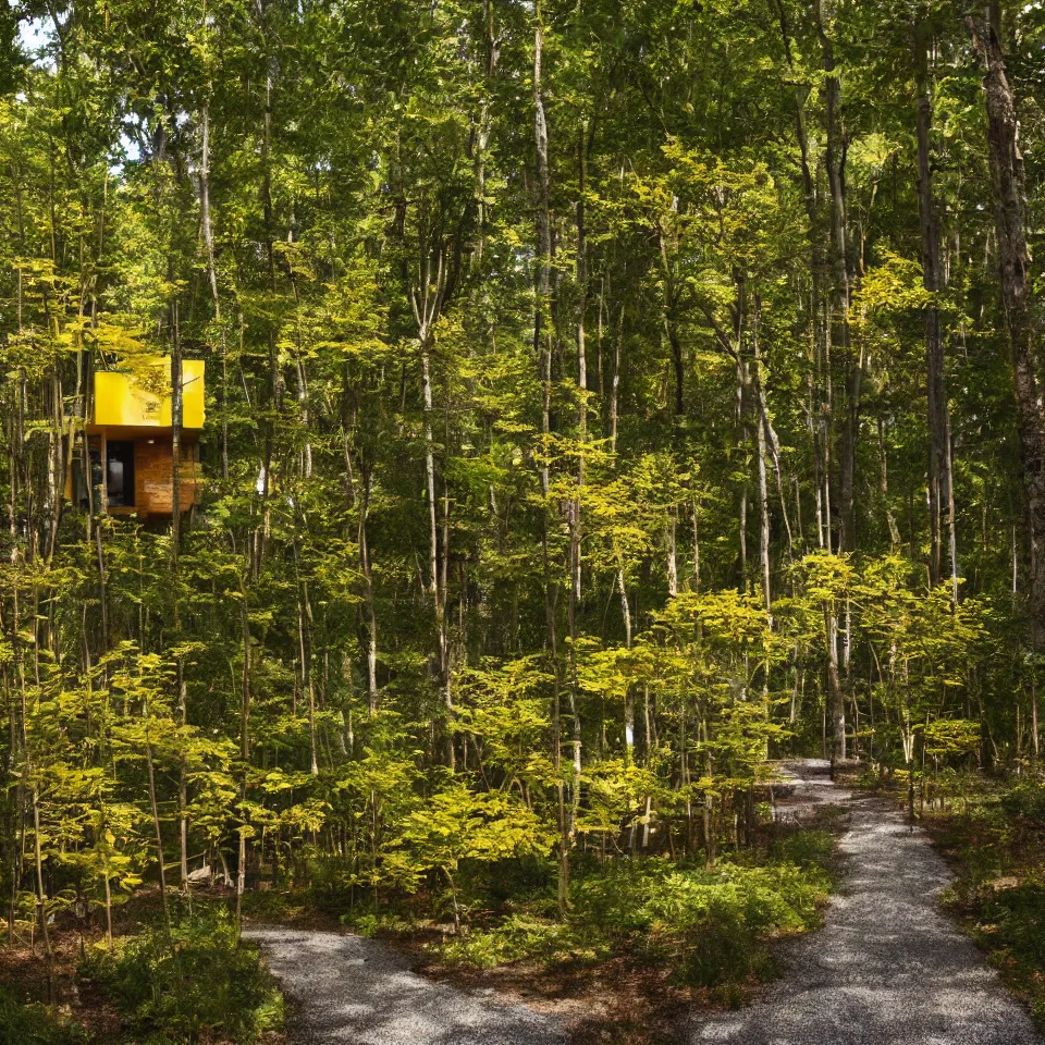 Image similar to a tiny house in a light forest clearing, designed by Frank Gehry. Tiles. Gravel pathway. Film grain, cinematic, yellow hue