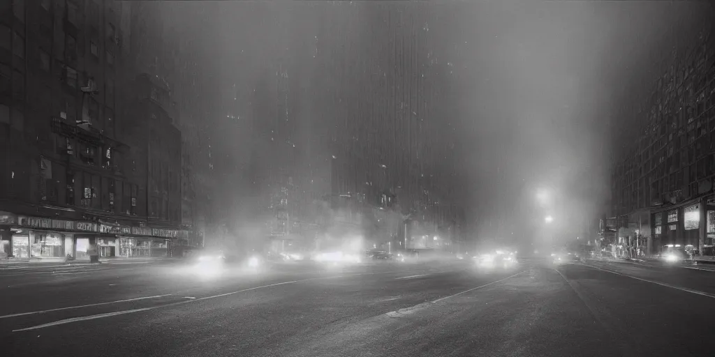 Image similar to a high resolution photo of a new york street at night surrounded with smoke and cars with bright headlights by joel meyerowitz, realistic photo,