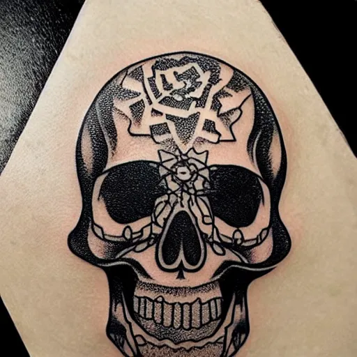 Image similar to tattoo design, stencil, tattoo stencil, traditional, a world famous tattoo of a geometric skull with a galaxy coming out of the top of its head-s 100