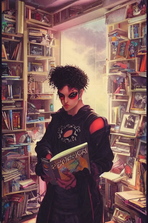 Image similar to cybergoth guy reading a book in a cluttered messy 9 0 s bedroom, artgerm, tom bagshaw, gerald brom, vaporwave, vaporwave colors, 9 0 s, 9 0 s aesthetic, perfect face, detailed face, symmetrical face,