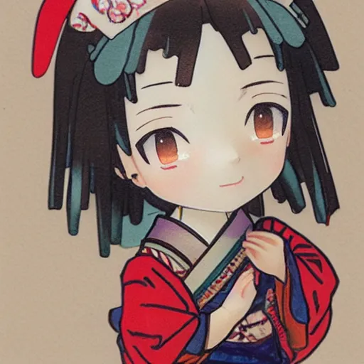 Image similar to beautiful water color concept art of face detailing cute nendoroid girl in the style of ukiyoe , toon rendering, close-up