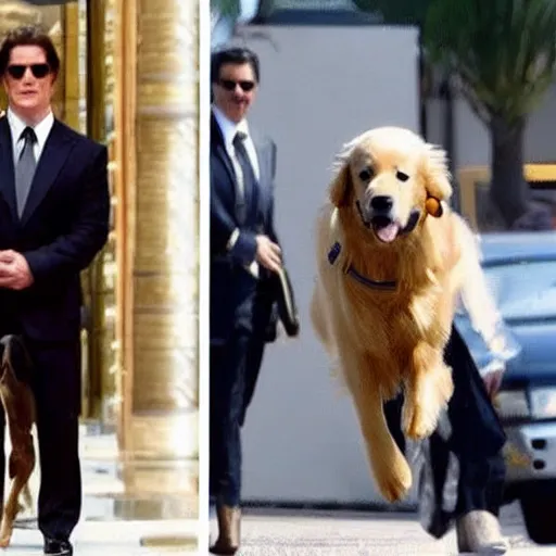 Image similar to a golden retriever with the head of tom cruise wearing a suit