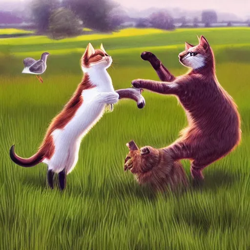 Image similar to cat fighting with goose, field in background, high details, art by artgerm, trending on artstation