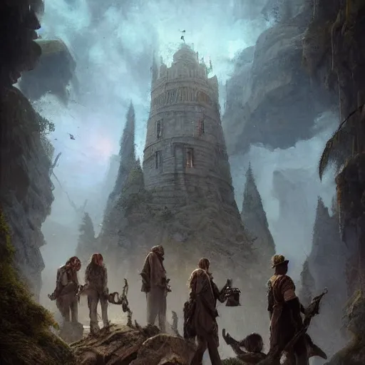 Prompt: epic masterpiece of cinematographic hyperrealism where a group of archeologists appears in front of the dread tower. realistic shaded lighting poster by craig mallismo, artgerm, jeremy lipkin and michael garmash, unreal engine, radiant light, detailed and intricate environment, digital art, art station trends, horror, night, darkness