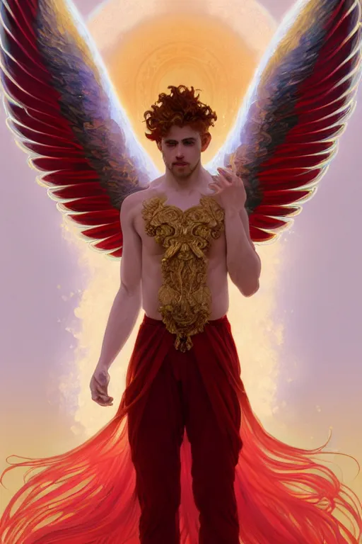 Image similar to symmetrical fullbody portrait of a beautiful young fit male angel with curly blond hairs, fulldressed in long fluent red clothes, majestic big demon wings, luminous fire halo, by greg rutkowski and alphonse mucha, gradient white to gold, in front of an hellish landscape background, highly detailed portrait, digital painting, artstation, concept art, smooth, sharp focus illustration