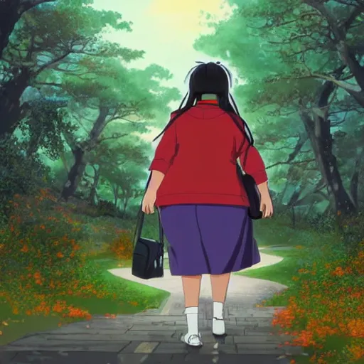 Image similar to anime visual of chubby hispanic woman wearing a yellow coat with long dark brown hair with bangs walking in the scenic park in fall, detailed, studio ghibli, exquisite lighting, clear focus, very coherent, art by hayao miyazaki,