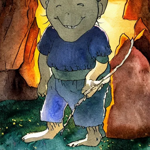 Prompt: dwarf mining for gold in a sparkling dark cave, from studio ghibli, watercolor illustration for a book, proportions, legs of the hand