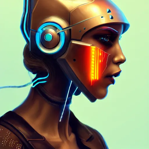 Prompt: Side view of a cyborg demon blond in cyberpunk headset and helmet on the street of a cyberpunk city, sci-fi, fantasy, intricate, very very beautiful, elegant, highly detailed, digital painting, artstation, concept art, smooth, sharp focus, illustration, art by Josan Gonsales