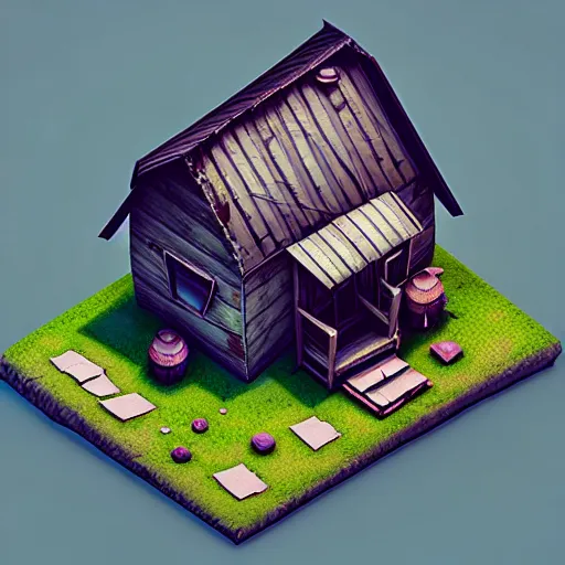 Image similar to isometric 3 d old broken home, low poly, soft render, handpaint texture, blender, 3 dcoat