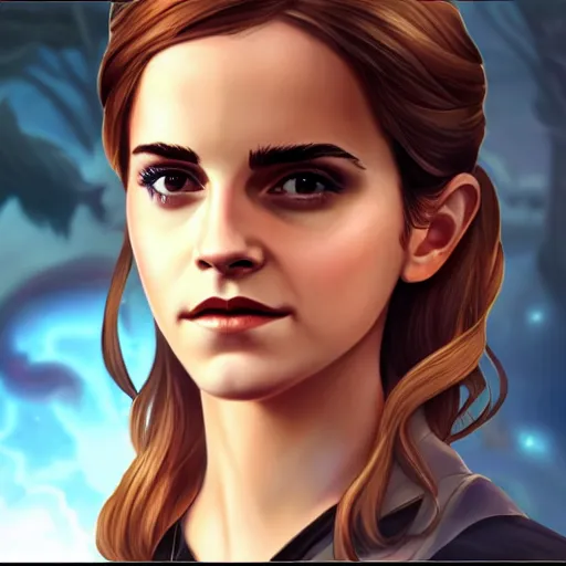 Image similar to emma watson as a character in the game league of legends, with a background based on the game league of legends, detailed face