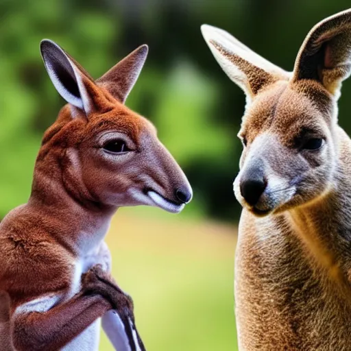 Image similar to a Muscular kangaroo and a dog look at each other, blue sky, garden, highly detailed, high quality, award winning