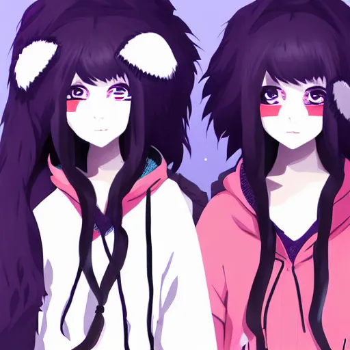 Image similar to two girls, a girl with short white hair and polar bear ears wearing an open black coat, another girl with long black hair wearinga purple hoodie with red eyes, anime key visual art, anime artystyle