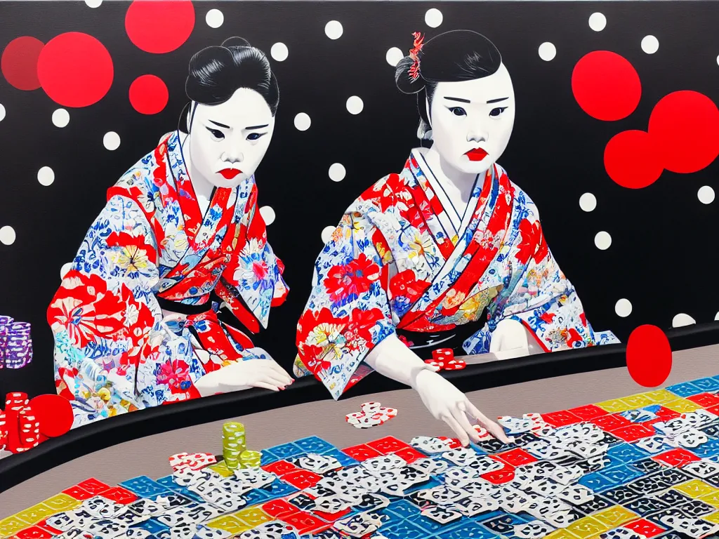 Image similar to hyperrealism composition of the detailed single woman in a japanese kimono sitting at an extremely detailed poker table with stormtrooper, fireworks, river on the background, pop - art style, jacky tsai style, andy warhol style, acrylic on canvas