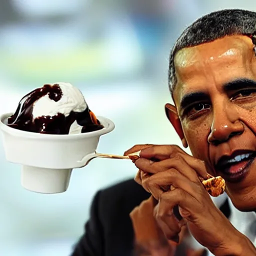 Image similar to enticing obama eating a hot fudge sundae