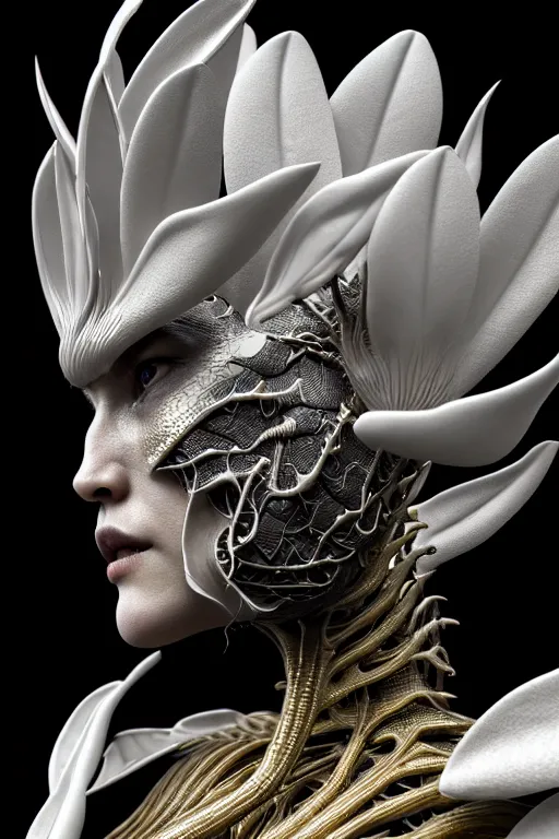 Image similar to bw close - up profile face, black background, beautiful young porcelain vegetal - dragon - cyborg - female, 1 5 0 mm, beautiful natural soft rim light, silver gold details, magnolia leaves and stems, roots, mandelbot fractal, elegant, ultra detailed, white metallic armour, octane render, h. r. giger style