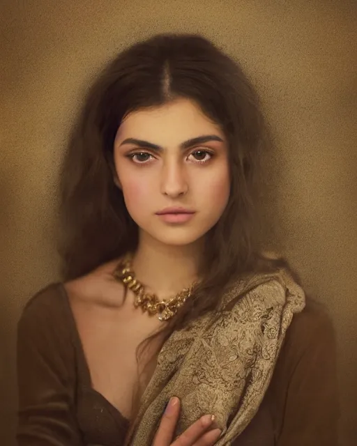 Image similar to a highly realistic, true to life portrait of a beautiful young middle eastern girl, soft focus, from the waist up, with sharp features, a beautiful face, soft smile, under studio lighting, taken with a canon eos camera with 1 3 5 mm focal length by karol bak, james jean, tom bagshaw, rococo, sharp focus, trending on artstation,