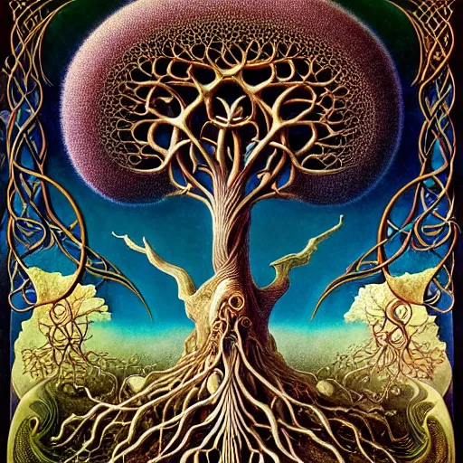 Image similar to tree of life by roger dean and andrew ferez, art forms of nature by ernst haeckel, divine chaos engine, symbolist, visionary, art nouveau, botanical fractal structures, organic, detailed, realistic, surreality