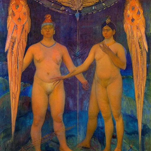 Image similar to coronation of the dawn, by Annie Swynnerton and Nicholas Roerich and Diego Rivera, bioluminescent skin, feather tattoos, elaborate costume, geometric ornament, symbolist, soft colors, smooth, sharp focus, extremely detailed