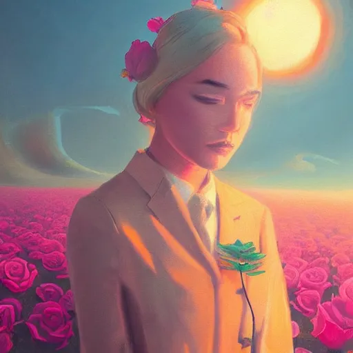 Image similar to closeup, big rose flower over head, frontal, girl in a suit, surreal photography, sunrise, dramatic light, impressionist painting, digital painting, artstation, simon stalenhag