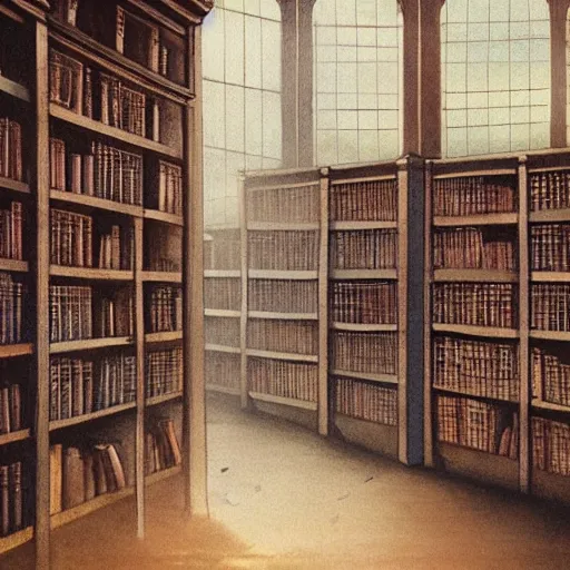 Prompt: Library with filled shelves and mist near the ground, fantasy art