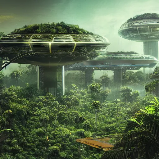 Image similar to alien colony, house, jungle sifi, station, city, colonization by photo, atmosphere lighting, panoramic, art, living, 4 k, 8 k,