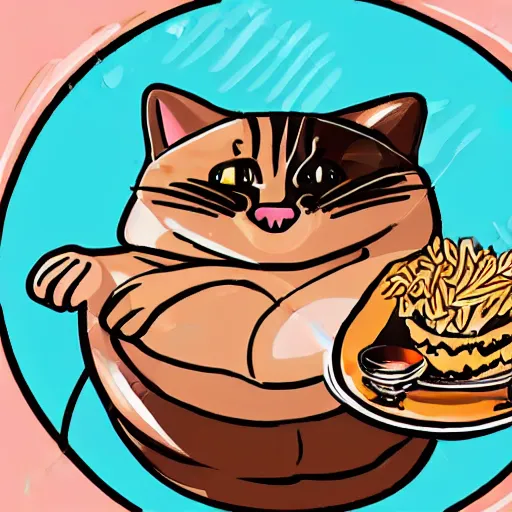 Image similar to obese cat sitting next to a slice of toast with indomie mi goreng noodles on top, traditional artstyle