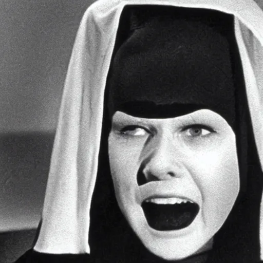 Prompt: skary nun, movie still, 1960's motion, horror, high quality