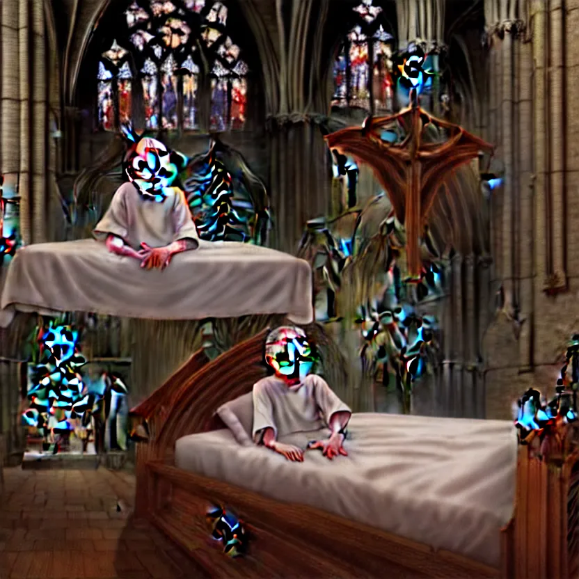 Prompt: a portrait of child sitting in a bed, screaming. the bed is inside a gothic cathedral. under the bed is a hideous laughing demon dressed as a catholic priest. religious symbols, digital art, hyperrealistic, nightmare, terrifying, supernatural, highly detailed, creepy