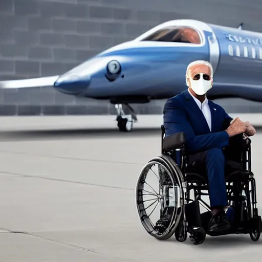 Image similar to still image of joe biden sitting in a turbo boosted wheelchair with a jet engine, 8 k photo