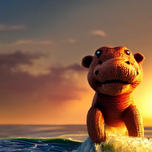 Image similar to a closeup photorealistic photograph of a cute smiling knitted tiger hippopotamus riding a wave at sunset. surf in background. professional capture. brightly lit scene. this 4 k hd image is trending on artstation, featured on behance, well - rendered, extra crisp, features intricate detail, epic composition and the style of unreal engine.