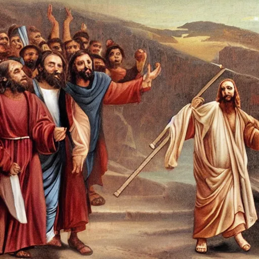 Image similar to Jesus walking via dolorossa with heavy cross pushing him to the ground and crowd yelling at him,