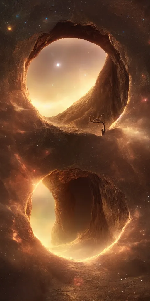 Prompt: an extreme long shot of a deer peering into a giant portal into the universe in the shape of a keyhole to the nebulae and galaxies, an eagle flying, beautiful matte painting by weta workshop 4 k, cinematic dramatic atmosphere, dramatic lighting, trending on artstation