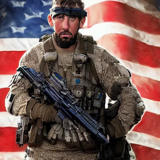 Image similar to Adam Sandler as a navy SEAL, high resolution fantasy concept art, intricate details, soft lighting