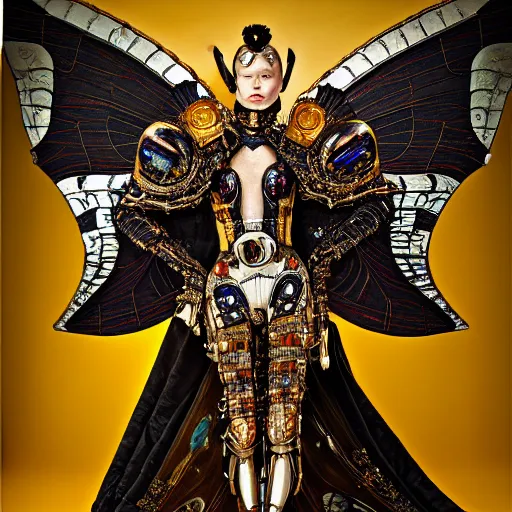 Prompt: haute couture scale armour sf paladin editorial by klimt, biomechanical hornet with metal couture wings by malczewski, ornate wh 4 0 k chaos lord in gold, bismuth and obsidian by giger, on bloody cosmic battleground by alphonse mucha