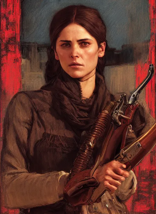 Image similar to Old west female gunslinger (rdr2, laurie greasley). Iranian orientalist portrait by john william waterhouse and Edwin Longsden Long and Theodore Ralli and Nasreddine Dinet, oil on canvas. Cinematic, hyper realism, realistic proportions, dramatic lighting, high detail 4k