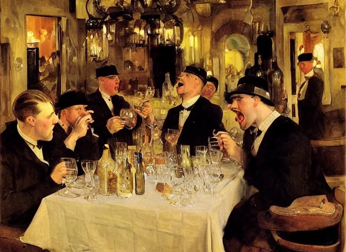 Image similar to men having dinner, singing, roaring twenties, cellar, masterpiece, torches on wall, meat, wine, schnapps, smoking cigars, scantily clad blondes, oil painting by anders zorn and carl larsson, art nouveau