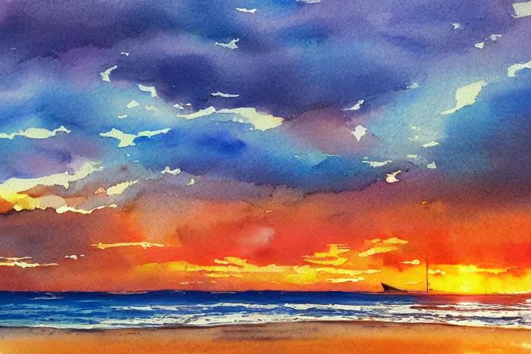 Prompt: afternoon on the beach at sunset. beautiful background, watercolor, parallax, acrylic art, oil on canvas, matte background, mixed media, trending on artstation