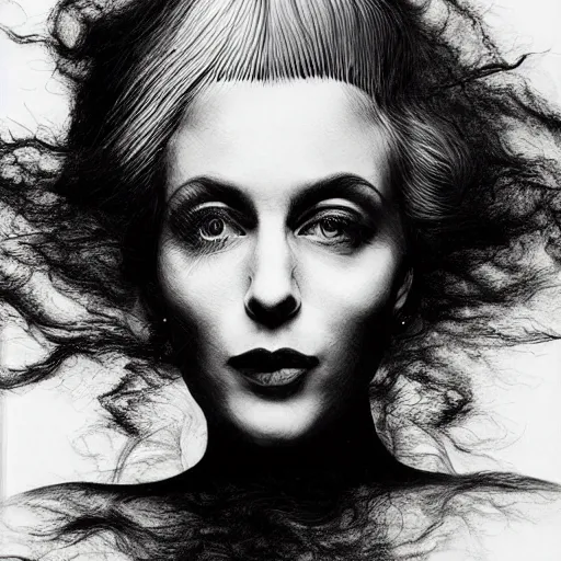 Prompt: full shot of a woman made from white smoke, hair made from black ink fluid in oil, style of roset conrad photo-realistic maximalist hyperrealism