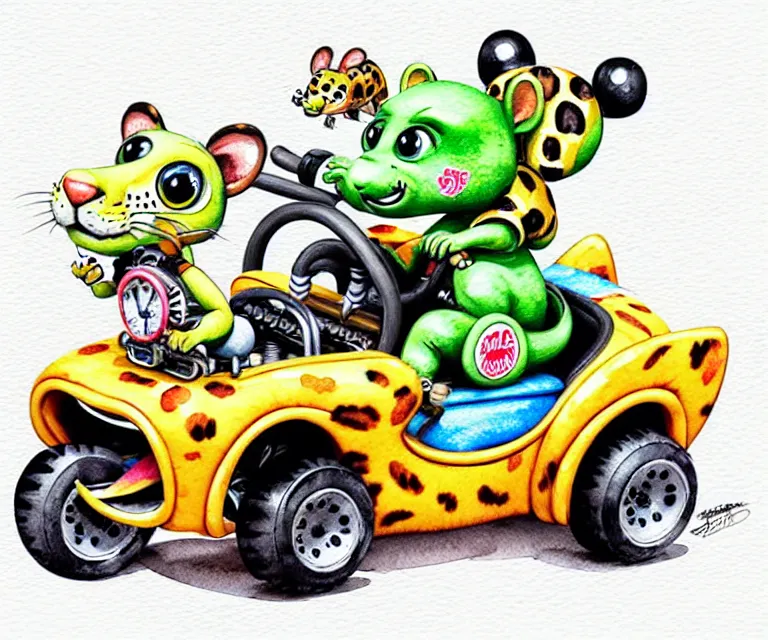 Image similar to cute and funny, baby leopard riding in a tiny go kart with oversized engine, ratfink style by ed roth, centered award winning watercolor pen illustration, isometric illustration by chihiro iwasaki, edited by range murata, tiny details by artgerm and watercolor girl, symmetrically isometrically centered