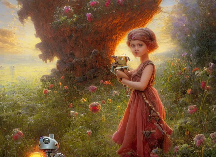 Prompt: a rusty broken down little robot, Lilia Alvarado, Sophie Anderson, Mark Arian, Bob Byerley, Charlie Bowater, Mark Brooks, Steve Henderson, Justin Gerard, Arthur Hughes, Edward Robert Hughes, Mark Keathley, Victor Nizovtsev, Carlos Shwabe, Ross Tran, WLOP